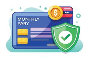 Illustration of a secure online payment form with a dollar coin and a shield icon, symbolizing safety and security. vector
