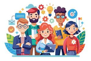 A group of four diverse professionals, two men and two women, are working together, showcasing their teamwork and collaboration. vector