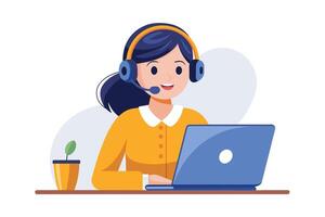 A cartoon illustration of a smiling customer service representative wearing a headset and using a laptop computer at a desk. vector