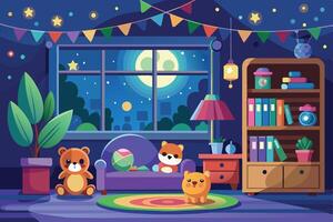 A cartoon illustration of a childs playroom at night, featuring stuffed animals, a couch, a bookshelf, and a window with a full moon. vector