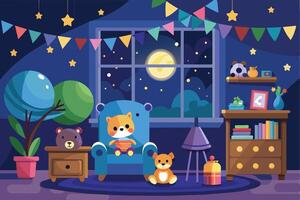A cozy bedroom scene with a full moon shining through the window, decorated with colorful flags and stars. There are three stuffed animals, including a fox sitting in a blue armchair. vector
