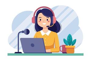 A cartoon illustration of a female customer service representative smiling while working at a desk with a laptop and headset on. vector