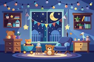 A cozy bedroom scene with a window view of the night sky, featuring a crescent moon, stars, and a cityscape. Toys and books decorate the room, creating a playful atmosphere. vector