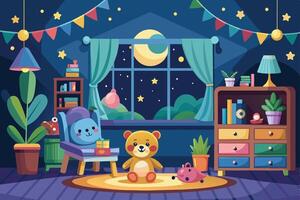 Colorful, whimsical bedroom with string lights, teddy bear on rug, and large window showing crescent moon and stars in night sky. vector