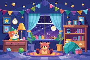 A cartoon of a teddy bear birthday party in a room decorated with streamers and balloons. The room is lit with a lamp, window shows a starry night. vector