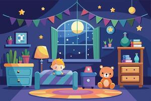 An illustration depicting a boys bedroom at night. The room is decorated with colorful flags and stars. A full moon shines through the window. vector