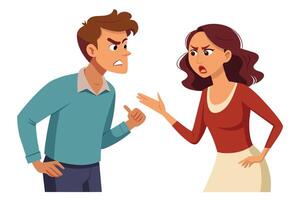An illustration of a man and a woman arguing, both looking angry and upset, with their bodies facing each other. vector