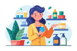 An illustration of a woman holding a blue perfume bottle, standing in front of a shelf filled with skincare products. vector