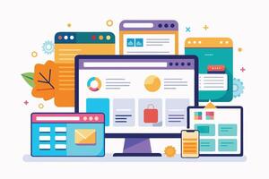 An illustration of multiple webpages and devices used for website design and development. The image shows a desktop computer, a tablet, a smartphone, and several webpages. vector