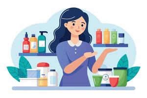 A woman with long black hair in a purple dress is happily showing colorful products of various shapes and sizes in front of a white background. vector