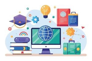 A colorful illustration depicting online education with a computer, books, a graduation cap, a lightbulb, and a globe. vector