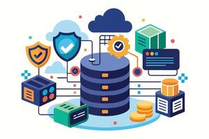 Illustration depicting a secure cloud database system with integrated security and monitoring features. vector