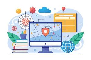 Illustration depicting a digital learning experience with secure access to online resources, connected network, global reach, and a library of educational materials. vector