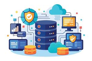 Illustration of a secure data storage server network with multiple connected computers, clouds, and a checkmark in a shield. vector