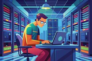 An illustration of a male technician working on a laptop in a data center server room. vector