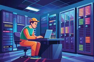 A man in a hard hat works on a laptop in a dimly lit server room at night. Rows of servers fill the space, creating a moody atmosphere. vector