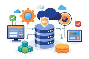 Illustration depicting a secure cloud database system with multiple connected devices, including a computer, mobile device, and data storage. vector