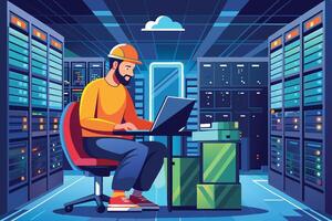 A man with a beard sits on a red chair working on a laptop in a server room with rows of servers on either side. The room is lit by a blue light. vector