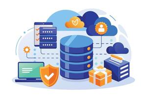 An illustration of a secure cloud database with multiple connections for data transfer, user authentication, and secure access. vector
