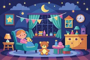 In a bedroom at night, a child sits surrounded by toys and decorations. Colorful flags and stars adorn the room, while the window displays a crescent moon. vector