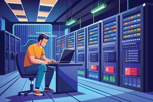 A cartoon illustration of a man working on a laptop in a server room at night. The room is filled with rows of servers, and the man is sitting at a desk in front of them. vector