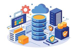 Illustration of a secure cloud server infrastructure with data security and protection features, including multiple servers, a cloud icon, security shields, and data protection elements. vector