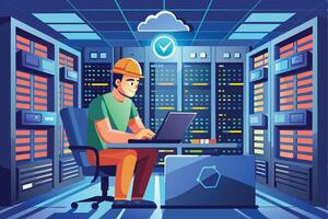 A cartoon illustration of a technician working on a laptop in a server room filled with rows of server racks. vector