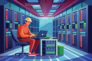 A technician wearing a hardhat sits at a desk, working on a laptop in front of a row of servers in a data center. vector
