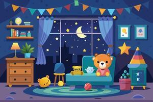 A cartoon illustration of a bedroom at night with a view of a city skyline. The room is decorated with colorful stuffed animals, a lamp, and a bookshelf. vector