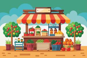 An illustration of a fruit and vegetable stall with various produce on display, including tomatoes, oranges, peppers, and green vegetables. vector