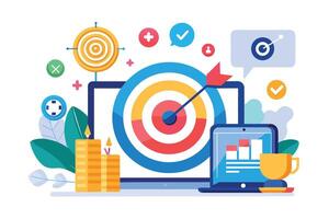 An illustration representing a digital marketing strategy with a target, laptop, and stacks of gold coins symbolizing financial growth. vector