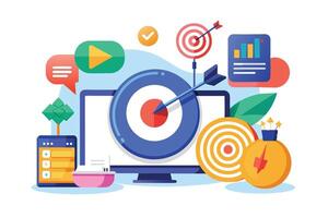 A colorful illustration depicting digital marketing concepts, featuring a target with an arrow hitting the bullseye, a computer monitor, a smartphone, and other visual elements. vector