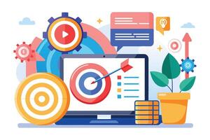 A laptop screen shows a bullseye target with an arrow and a list of items. The design also includes targets, gears, and arrows hinting at achievement. vector