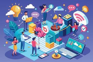A team of digital marketers collaborating on new ideas and strategies for their business. The illustration shows people working on their laptops, brainstorming ideas, and looking at charts. vector