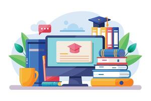 A desktop computer with a graduation cap icon on the screen, a stack of books, and a pencil on a desk with a yellow cup and green plants. vector