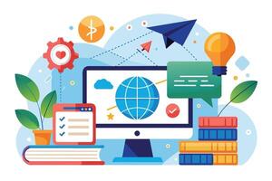 A colorful illustration depicting digital learning and global connection with a computer, books, and symbols of ideas and knowledge. vector