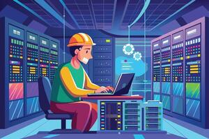 A cartoon illustration depicting a server room technician working on a laptop in front of a row of servers. vector