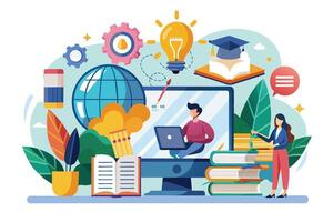 Illustration of online education with a computer, books, and a globe. vector
