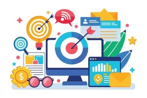 Illustration depicting digital marketing strategy with target audience, analysis, and data. vector