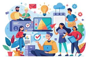 A group of diverse people collaborate on a project, using a laptop, data visualization, and other tools. vector