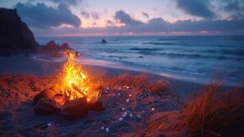 Bonfire on the beach at dusk with friends gathered around Toast marshmallows and enjoy the warm evening. photo