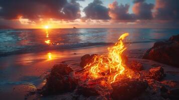 Bonfire on the beach at dusk with friends gathered around Toast marshmallows and enjoy the warm evening. photo