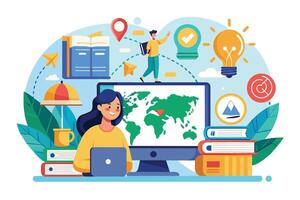 Illustration of a woman studying geography on her laptop with a world map displayed on a computer screen. vector