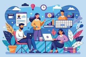 An illustration depicting a creative team working together in a modern office setting. The team members are collaborating on a project using laptops, while one member is presenting an idea. vector