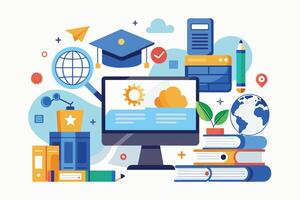 Illustration depicting online education and global learning, featuring a computer, books, a graduation cap, and a globe. vector