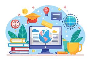 An illustration depicting global online learning with a computer, books, and a graduation cap. vector
