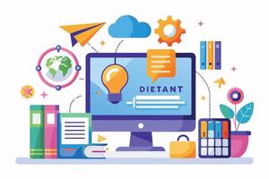 This is a digital illustration of a modern computer desk with an open computer screen, a lightbulb, a cloud, a paper airplane, books, and other office supplies. vector