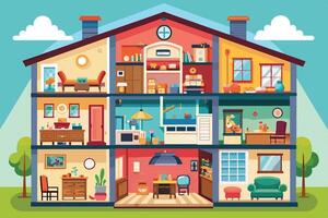 A cartoon illustration of a home interior with multiple rooms. Each room has different furniture and decor, representing a different area of the home. vector