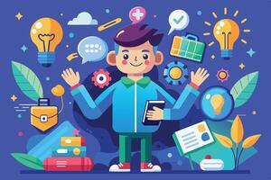 A cartoon illustration depicting a joyful young man surrounded by symbols of success, innovation, and creativity, including light bulbs, books, gears, and checkmarks. vector