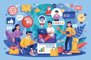 An illustration depicting a team of people working together on a digital marketing strategy. They are using laptops, tablets, and phones to plan and execute their campaign. vector